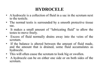 HYDROCELE
• A hydrocele is a collection of fluid in a sac in the scrotum next
to the testicle.
• The normal testis is surrounded by a smooth protective tissue
sac.
• It makes a small amount of “lubricating fluid” to allow the
testes to move freely.
• Excess of fluid normally drains away into the veins of the
scrotum.
• If the balance is altered between the amount of fluid made,
and the amount that is drained, some fluid accumulates as
hydrocele.
• This will often cause the scrotum to look big or swollen.
• A hydrocele can be on either one side or on both sides of the
scrotum.
 