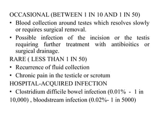 OCCASIONAL (BETWEEN 1 IN 10 AND 1 IN 50)
• Blood collection around testes which resolves slowly
or requires surgical removal.
• Possible infection of the incision or the testis
requiring further treatment with antibioitics or
surgical drainage.
RARE ( LESS THAN 1 IN 50)
• Recurrence of fluid collection
• Chronic pain in the testicle or scrotum
HOSPITAL-ACQUIRED INFECTION
• Clostridium difficile bowel infection (0.01% - 1 in
10,000) , bloodstream infection (0.02%- 1 in 5000)
 
