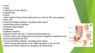 o fever
o rigors
o confusion (in the elderly)
o hypotension
o shock
• Past medical history that might point to a risk for UTI and urosepsis:
o Prior UTI
o Structural kidney disease, including renal calculi
o Indwelling urinary catheter
o Prostatic hypertrophy
o Pregnancy
o Diabetes mellitus
o Recent (within the last 3 months) antimicrobial use
• Family history that might point to familial and genetic conditions that
may be associated with UTI:
o Structural kidney disease, including renal calculi
• Social and personal factors that might represent a risk for UTI:
o Sexual activities (relation of symptoms to intercourse)
 