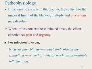 Pathophysiology
 If bacteria do survive in the bladder, they adhere to the
mucosal lining of the bladder, multiply and ulcerations
may develop.
 When urine contacts these irritated areas, the client
experiences pain and urgency.
■ For infection to occur,
bacteria enter bladder--- attach and colonize the
epithelium ---evade host defense mechanisms---initiate
inflammation.
130
 