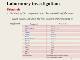 Laboratory investigations
– the study of the components and characteristics of the urine.
– A clean-catch MSU from the first voiding of the morning is
preferred.
18
Components Normal values
Color yellow
Specific gravity 1.010 to 1.025
PH 4.5 – 8
Opacity Clear
Glucose Negative
Ketone Negative
Protein/albumin Negative
Bilirubin negative
Bacteria None
Parasites None
Casts None
Crystals none
RBCs 0-3
WBCs 0-5
Urine osmolality: 50–1200 mOsm/kg considered normal
200–800 mOsm/kg average
Urinalysis
 