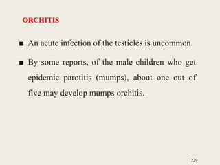 ORCHITIS
■ An acute infection of the testicles is uncommon.
■ By some reports, of the male children who get
epidemic parotitis (mumps), about one out of
five may develop mumps orchitis.
229
 