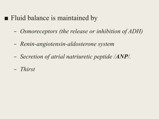 ■ Fluid balance is maintained by
– Osmoreceptors (the release or inhibition of ADH)
– Renin-angiotensin-aldosterone system
– Secretion of atrial natriuretic peptide /ANP/.
– Thirst
 