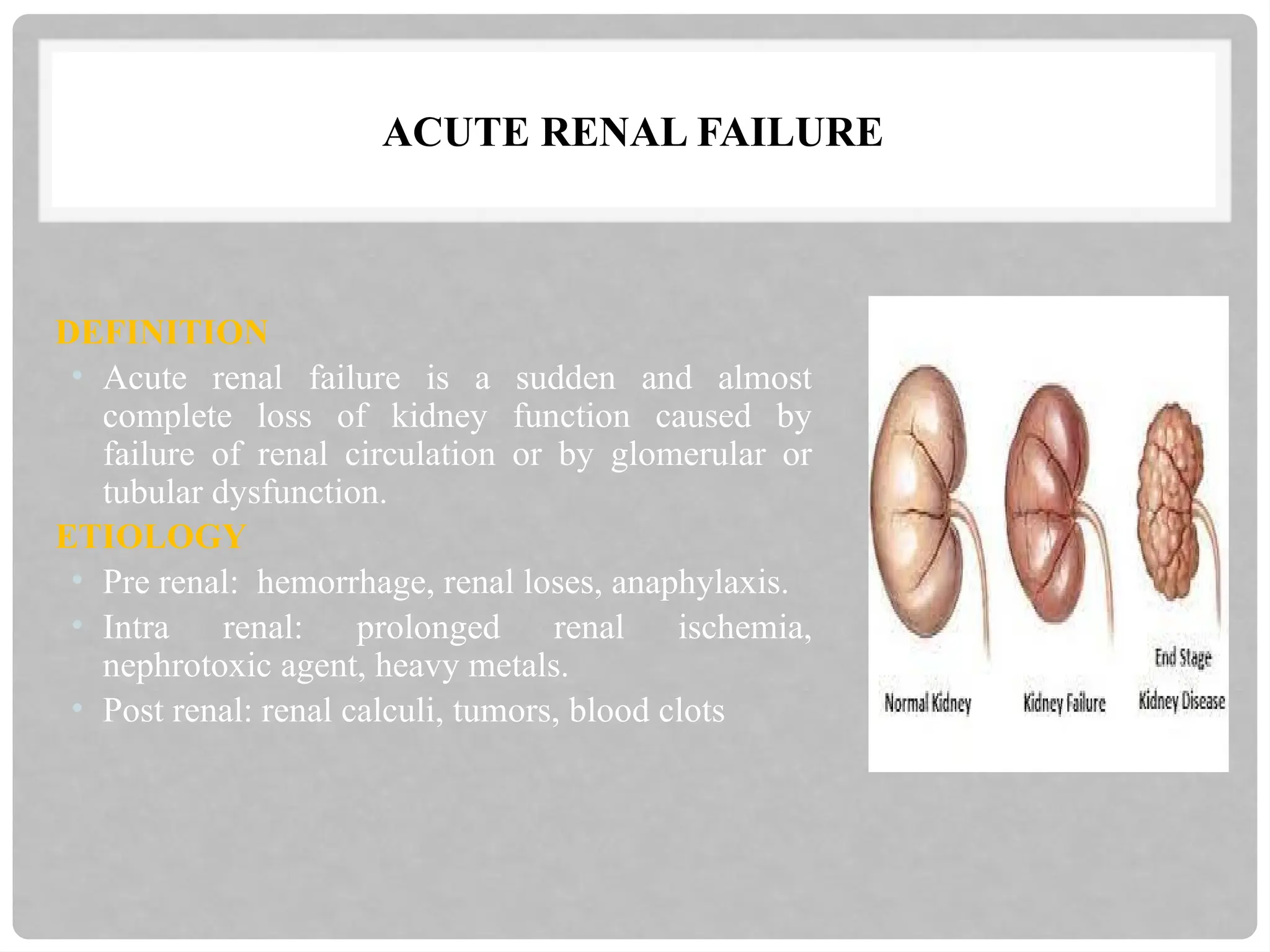 ACUTE RENAL FAILURE
DEFINITION
• Acute renal failure is a sudden and almost
complete loss of kidney function caused by
failure of renal circulation or by glomerular or
tubular dysfunction.
ETIOLOGY
• Pre renal: hemorrhage, renal loses, anaphylaxis.
• Intra renal: prolonged renal ischemia,
nephrotoxic agent, heavy metals.
• Post renal: renal calculi, tumors, blood clots
 
