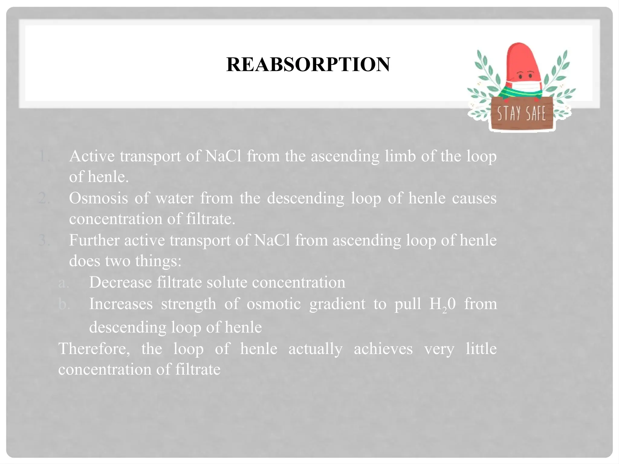 REABSORPTION
1. Active transport of NaCl from the ascending limb of the loop
of henle.
2. Osmosis of water from the descending loop of henle causes
concentration of filtrate.
3. Further active transport of NaCl from ascending loop of henle
does two things:
a. Decrease filtrate solute concentration
b. Increases strength of osmotic gradient to pull H20 from
descending loop of henle
Therefore, the loop of henle actually achieves very little
concentration of filtrate
 
