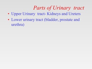 Parts of Urinary tract
• Upper Urinary tract- Kidneys and Ureters
• Lower urinary tract (bladder, prostate and
urethra)
 