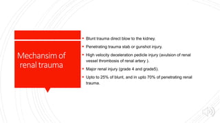 Mechansimof
renaltrauma
 Blunt trauma direct blow to the kidney.
 Penetrating trauma stab or gunshot injury.
 High velocity deceleration pedicle injury (avulsion of renal
vessel thrombosis of renal artery ).
 Major renal injury (grade 4 and grade5).
 Upto to 25% of blunt, and in upto 70% of penetrating renal
trauma.
 