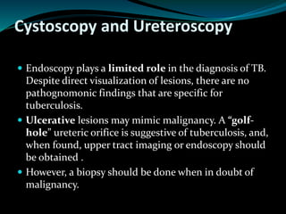 Cystoscopy and Ureteroscopy
 Endoscopy plays a limited role in the diagnosis of TB.
Despite direct visualization of lesions, there are no
pathognomonic findings that are specific for
tuberculosis.
 Ulcerative lesions may mimic malignancy. A “golf-
hole” ureteric orifice is suggestive of tuberculosis, and,
when found, upper tract imaging or endoscopy should
be obtained .
 However, a biopsy should be done when in doubt of
malignancy.
 