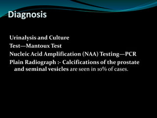 Diagnosis
Urinalysis and Culture
Test—Mantoux Test
Nucleic Acid Amplification (NAA) Testing—PCR
Plain Radiograph :- Calcifications of the prostate
and seminal vesicles are seen in 10% of cases.
 