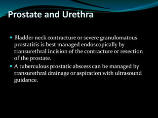 Prostate and Urethra
 Bladder neck contracture or severe granulomatous
prostatitis is best managed endoscopically by
transurethral incision of the contracture or resection
of the prostate.
 A tuberculous prostatic abscess can be managed by
transurethral drainage or aspiration with ultrasound
guidance.
 