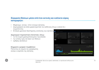 Confidential. Not to be copied, distributed, or reproduced without prior
approval.
16
Σύγκριση δόσεων μέσα από ένα εκτενές και ευέλικτο εύρος
κατηγοριών:
• Μηχάνημα, κέντρο, τύπο ή όνομα εξέτασης
• Δημογραφικά και άλλα χαρακτηριστικά του ασθενούς όπως η ηλικία & ο
σωματότυπος
• Επιλογή χρονικού διαστήματος εκτέλεσης των εξετάσεων
Δημιουργεί περιληπτικά στατιστικά, όπως:
• τα πιο συχνά χρησιμοποιουμένα πρωτόκολα
• τις τυπικές τιμές και όρια των δόσεων
• αριθμός εξετάσεων
Εύχρηστο γραφικό περιβάλλον
Πατώντας σε σημεία του γραφήματος
ανοίγει η καρτέλα της εξέτασης
 