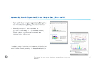 Confidential. Not to be copied, distributed, or reproduced without prior
approval.
17
• Κατα ασθενή με πλήρη αναφορά στη δόση αλλά
και στην αθροιστική δόση μέσω του ιστορικού
• Μηνιαίες αναφορές που μπορούν να
παραμετροποιηθούν (π.χ. Εξετάσεις υψηλής
δόσης, τάσεις, απόδοση εξοπλισμού, και
παραμέτρους εξέτασης)
Συνολικά μπορούν να δημιουργηθούν περισσότεροι
από 50 νέοι πίνακες με έως 15 διαφορετικά φίλτρα
Αναφορές, δυνατότητα αυτόματης αποστολής μέσω email
 