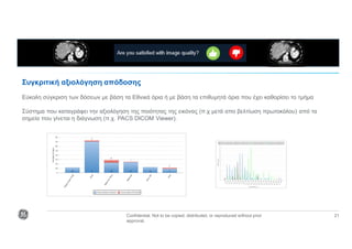 Confidential. Not to be copied, distributed, or reproduced without prior
approval.
21
Συγκριτική αξιολόγηση απόδοσης
Εύκολη σύγκριση των δόσεων με βάση τα Εθνικά όρια ή με βάση τα επιθυμητά όρια που έχει καθορίσει το τμήμα
Σύστημα που καταγράφει την αξιολόγηση της ποιότητας της εικόνας (π.χ μετά απο βελτίωση πρωτοκόλου) από τα
σημεία που γίνεται η διάγνωση (π.χ. PACS DICOM Viewer).
 