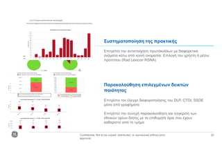 Confidential. Not to be copied, distributed, or reproduced without prior
approval.
22
Συστηματοποίηση της πρακτικής
Επιτρέπει την αντιστοίχηση πρωτόκολλων με διαφορετικά
ονόματα κάτω από κοινή ονομασία. Επιλογή του χρήστη ή μέσω
προτύπου (Rad Lexicon RSNA)
Παρακολούθηση επιλεγμένων δεικτών
ποιότητας
Eπιτρέπει τον έλεγχο διαφοροποίησης του DLP, CTDI, SSDE
μέσα από γραφήματα
Επιτρέπει την συνεχή παρακολούθηση και σύγκριση των
εθνικών ορίων δόσης με τα επιθυμητά όρια που έχουν
καθοριστεί απο το τμήμα
 