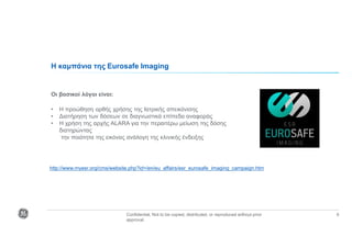 Confidential. Not to be copied, distributed, or reproduced without prior
approval.
6
Η καμπάνια της Eurosafe Imaging
Oι βασικοί λόγοι είναι:
• H προώθηση ορθής χρήσης της Ιατρικής απεικόνισης
• Διατήρηση των δόσεων σε διαγνωστικά επίπεδα αναφοράς
• Η χρήση της αρχής ALARA για την περαιτέρω μείωση της δόσης
διατηρώντας
την ποιότητα της εικόνας ανάλογη της κλινικής ένδειξης
http://www.myesr.org/cms/website.php?id=/en/eu_affairs/esr_eurosafe_imaging_campaign.htm
 
