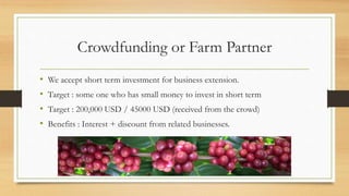 Crowdfunding or Farm Partner
• We accept short term investment for business extension.
• Target : some one who has small money to invest in short term
• Target : 200,000 USD / 45000 USD (received from the crowd)
• Benefits : Interest + discount from related businesses.
 