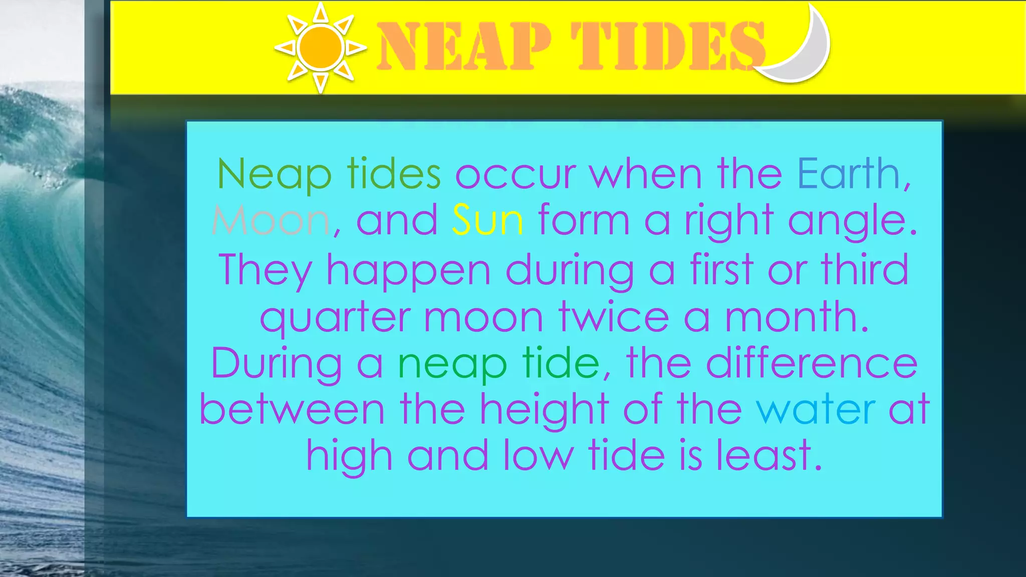 Neap tides occur when the Earth,
Moon, and Sun form a right angle.
They happen during a first or third
quarter moon twice a month.
During a neap tide, the difference
between the height of the water at
high and low tide is least.

 