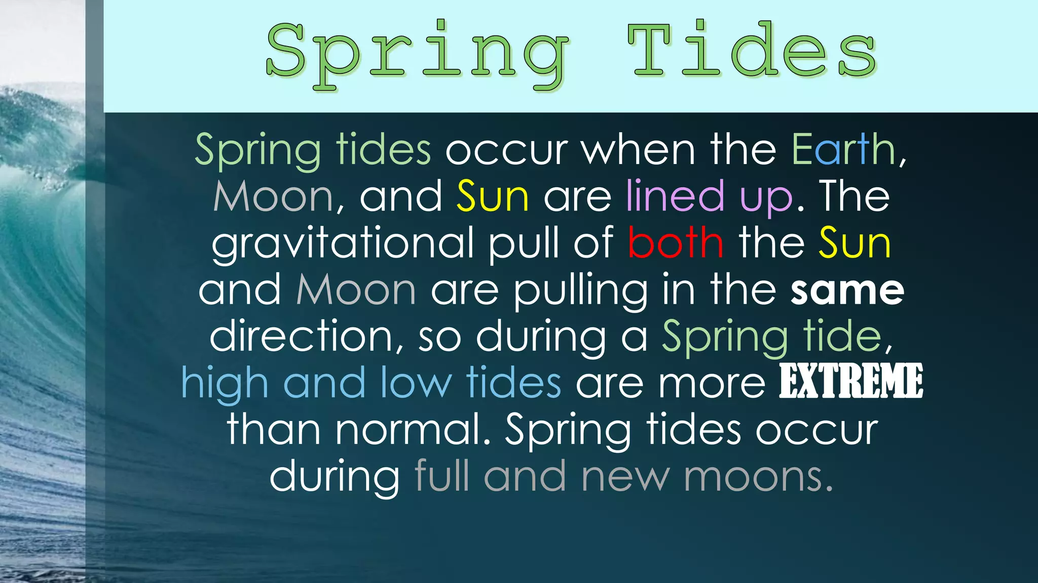 Spring tides occur when the Earth,
Moon, and Sun are lined up. The
gravitational pull of both the Sun
and Moon are pulling in the same
direction, so during a Spring tide,
high and low tides are more EXTREME
than normal. Spring tides occur
during full and new moons.

 