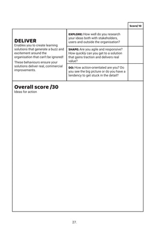Overall score /30
Ideas for action
Score/ 10
DELIVER
Enables you to create learning
solutions that generate a buzz and
excitement around the
organisation that can’t be ignored!
These behaviours ensure your
solutions deliver real, commercial
improvements.
EXPLORE: How well do you research
your ideas both with stakeholders,
users and outside the organisation?
SHAPE: Are you agile and responsive?
How quickly can you get to a solution
that gains traction and delivers real
value?
DO: How action-orientated are you? Do
you see the big picture or do you have a
tendency to get stuck in the detail?
27.
 