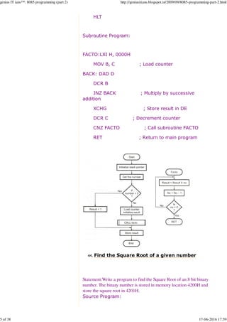 HLT
Subroutine Program:
FACTO:LXI H, 0000H
MOV B, C ; Load counter
BACK: DAD D
DCR B
JNZ BACK ; Multiply by successive
addition
XCHG ; Store result in DE
DCR C ; Decrement counter
CNZ FACTO ; Call subroutine FACTO
RET ; Return to main program
Find the Square Root of a given number44.
Statement:Write a program to find the Square Root of an 8 bit binary
number. The binary number is stored in memory location 4200H and
store the square root in 4201H.
Source Program:
genius IT ians™: 8085 programming (part 2) http://geniusitians.blogspot.in/2009/09/8085-programming-part-2.html
5 of 38 17-06-2016 17:59
 