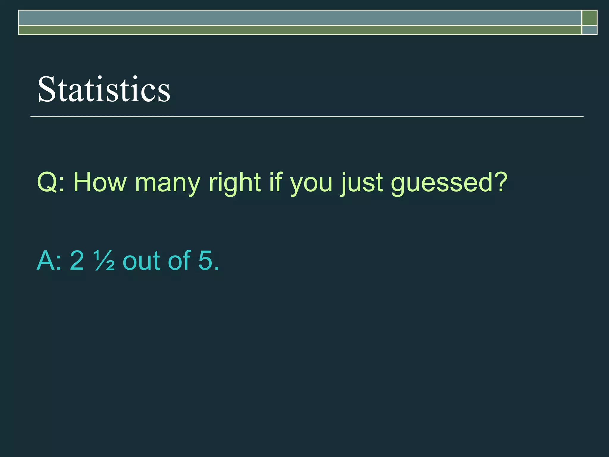 Statistics Q: How many right if you just guessed? A: 2 ½ out of 5. 