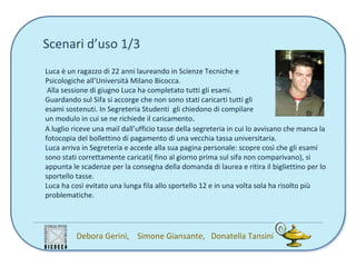 Scenari d’uso 1/3
Luca è un ragazzo di 22 anni laureando in Scienze Tecniche e
Psicologiche all’Università Milano Bicocca.
 Alla sessione di giugno Luca ha completato tutti gli esami.
Guardando sul Sifa si accorge che non sono stati caricarti tutti gli
esami sostenuti. In Segreteria Studenti gli chiedono di compilare
un modulo in cui se ne richiede il caricamento.
A luglio riceve una mail dall’ufficio tasse della segreteria in cui lo avvisano che manca la
fotocopia del bollettino di pagamento di una vecchia tassa universitaria.
Luca arriva in Segreteria e accede alla sua pagina personale: scopre così che gli esami
sono stati correttamente caricati( fino al giorno prima sul sifa non comparivano), si
appunta le scadenze per la consegna della domanda di laurea e ritira il bigliettino per lo
sportello tasse.
Luca ha così evitato una lunga fila allo sportello 12 e in una volta sola ha risolto più
problematiche.




          Debora Gerini, Simone Giansante, Donatella Tansini
 