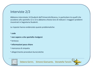 Interviste 2/2
Abbiamo intervistato 14 Studenti dell’Università Bicocca, in particolare tra quelli che
accedono allo sportello 12 e 13 e abbiamo chiesto loro di indicarci i maggiori problemi
riscontrati in Segreteria Studenti.

Le risposte hanno evidenziato queste problematiche:

• code
• non sapere a che sportello rivolgersi
• lentezza
• Informazioni poco chiare
• mancanza di simpatia
• allegerimento procedure burocratiche



             Debora Gerini, Simone Giansante, Donatella Tansini
 
