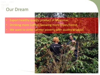 Our Dream
• Export healthy quality product of Myanmar.
• Drinking more Coffee, Growing more Trees/Forest.
• We want to strike Farmer poverty with quality product.
 