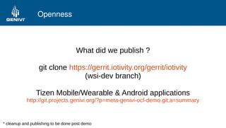 Openness
What did we publish ?
git clone https://gerrit.iotivity.org/gerrit/iotivity
(wsi-dev branch)
Tizen Mobile/Wearabl...