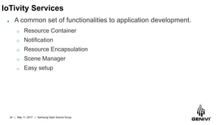 IoTivity Services
● A common set of functionalities to application development.
o Resource Container
o Notification
o Resource Encapsulation
o Scene Manager
o Easy setup
34 | May 11, 2017 | Samsung Open Source Group
 