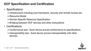 OCF Specification and Certification
• Specifications
Infrastructure including core framework, security and remote access etc.
Resource Model
Domain Specific Resource Specification
Bridging between OCF devices and other ecosystems
• Certifications
Conformance test - Each device proves conformance to specifications.
Interoperability test - Each device proves interoperability with other
devices.
9 | May 11, 2017 | Samsung Open Source Group
 