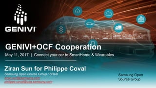 GENIVI+OCF Cooperation
May 11, 2017 | Connect your car to SmartHome & Wearables
Ziran Sun for Philippe Coval
Samsung Open Source Group / SRUK
ziran.sun@samsung.com
philippe.coval@osg.samsung.com
Samsung Open
Source Group
 