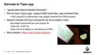 Derivate to Tizen app
• “geolocation/tizen/mobile/2.4/master”
• Port to tizen native app: support SDK build files, app man...