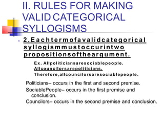 II. RULES FOR MAKING
VALID CATEGORICAL
SYLLOGISMS
 2 . E a c h t e r m of a v a lid c a t e g o r i c a l
syllogism m u s t o c c u r int w o
propositionsoftheargum ent.
E x . Allpoliticiansa r e sociable p eo ple.
Allcouncilors ar e politicians.
Therefore,allcouncilorsaresociablepeople.
Politicians– occurs in the first and second premise.
SociablePeople– occurs in the first premise and
conclusion.
Councilors– occurs in the second premise and conclusion.
 