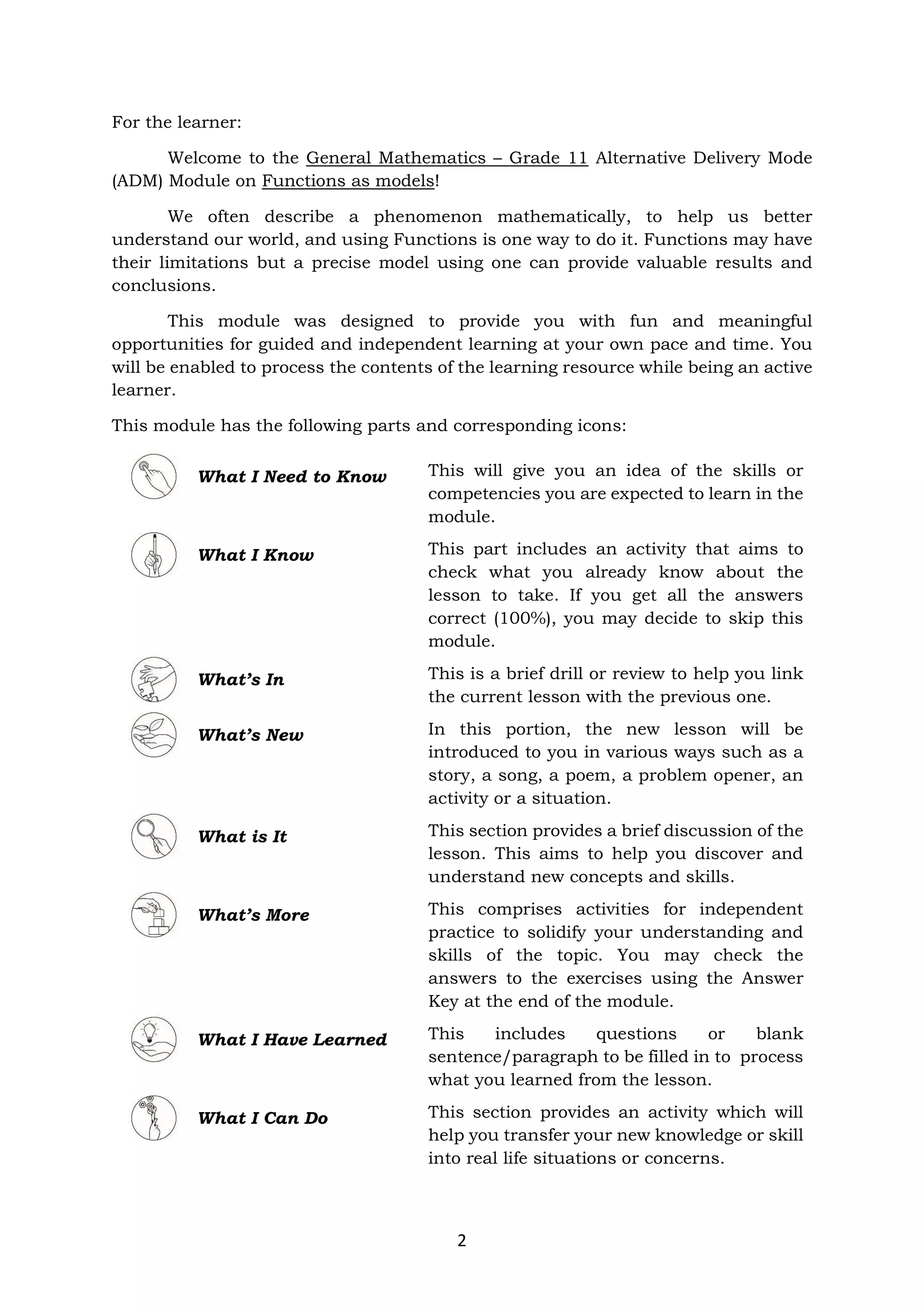 2
For the learner:
Welcome to the General Mathematics – Grade 11 Alternative Delivery Mode
(ADM) Module on Functions as models!
We often describe a phenomenon mathematically, to help us better
understand our world, and using Functions is one way to do it. Functions may have
their limitations but a precise model using one can provide valuable results and
conclusions.
This module was designed to provide you with fun and meaningful
opportunities for guided and independent learning at your own pace and time. You
will be enabled to process the contents of the learning resource while being an active
learner.
This module has the following parts and corresponding icons:
What I Need to Know This will give you an idea of the skills or
competencies you are expected to learn in the
module.
What I Know This part includes an activity that aims to
check what you already know about the
lesson to take. If you get all the answers
correct (100%), you may decide to skip this
module.
What’s In This is a brief drill or review to help you link
the current lesson with the previous one.
What’s New In this portion, the new lesson will be
introduced to you in various ways such as a
story, a song, a poem, a problem opener, an
activity or a situation.
What is It This section provides a brief discussion of the
lesson. This aims to help you discover and
understand new concepts and skills.
What’s More This comprises activities for independent
practice to solidify your understanding and
skills of the topic. You may check the
answers to the exercises using the Answer
Key at the end of the module.
What I Have Learned This includes questions or blank
sentence/paragraph to be filled in to process
what you learned from the lesson.
What I Can Do This section provides an activity which will
help you transfer your new knowledge or skill
into real life situations or concerns.
 