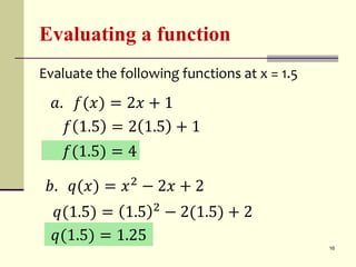 Evaluating a function
Evaluate the following functions at x = 1.5
16
𝑎. 𝑓(𝑥) = 2𝑥 + 1
𝑏. 𝑞(𝑥) = 𝑥2
− 2𝑥 + 2
𝑓 1.5 = 2 1.5 + 1
𝑓(1.5) = 4
𝑞(1.5) = 1.5 2
− 2(1.5) + 2
𝑞(1.5) = 1.25
 