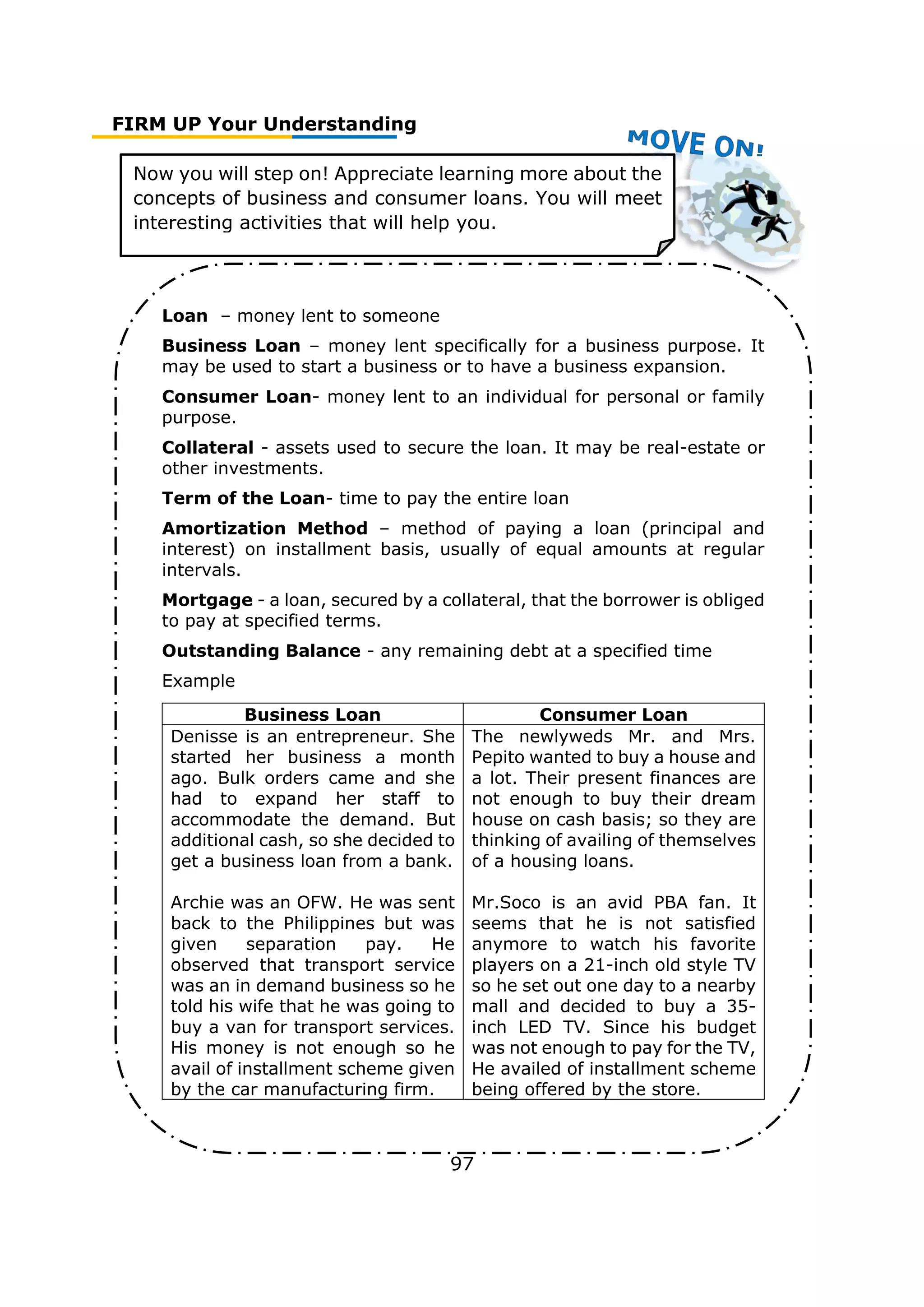FIRM UP Your Understanding
97
Now you will step on! Appreciate learning more about the
concepts of business and consumer loans. You will meet
interesting activities that will help you.
Loan – money lent to someone
Business Loan – money lent specifically for a business purpose. It
may be used to start a business or to have a business expansion.
Consumer Loan- money lent to an individual for personal or family
purpose.
Collateral - assets used to secure the loan. It may be real-estate or
other investments.
Term of the Loan- time to pay the entire loan
Amortization Method – method of paying a loan (principal and
interest) on installment basis, usually of equal amounts at regular
intervals.
Mortgage - a loan, secured by a collateral, that the borrower is obliged
to pay at specified terms.
Outstanding Balance - any remaining debt at a specified time
Example
Business Loan Consumer Loan
Denisse is an entrepreneur. She
started her business a month
ago. Bulk orders came and she
had to expand her staff to
accommodate the demand. But
additional cash, so she decided to
get a business loan from a bank.
Archie was an OFW. He was sent
back to the Philippines but was
given separation pay. He
observed that transport service
was an in demand business so he
told his wife that he was going to
buy a van for transport services.
His money is not enough so he
avail of installment scheme given
by the car manufacturing firm.
The newlyweds Mr. and Mrs.
Pepito wanted to buy a house and
a lot. Their present finances are
not enough to buy their dream
house on cash basis; so they are
thinking of availing of themselves
of a housing loans.
Mr.Soco is an avid PBA fan. It
seems that he is not satisfied
anymore to watch his favorite
players on a 21-inch old style TV
so he set out one day to a nearby
mall and decided to buy a 35-
inch LED TV. Since his budget
was not enough to pay for the TV,
He availed of installment scheme
being offered by the store.
 