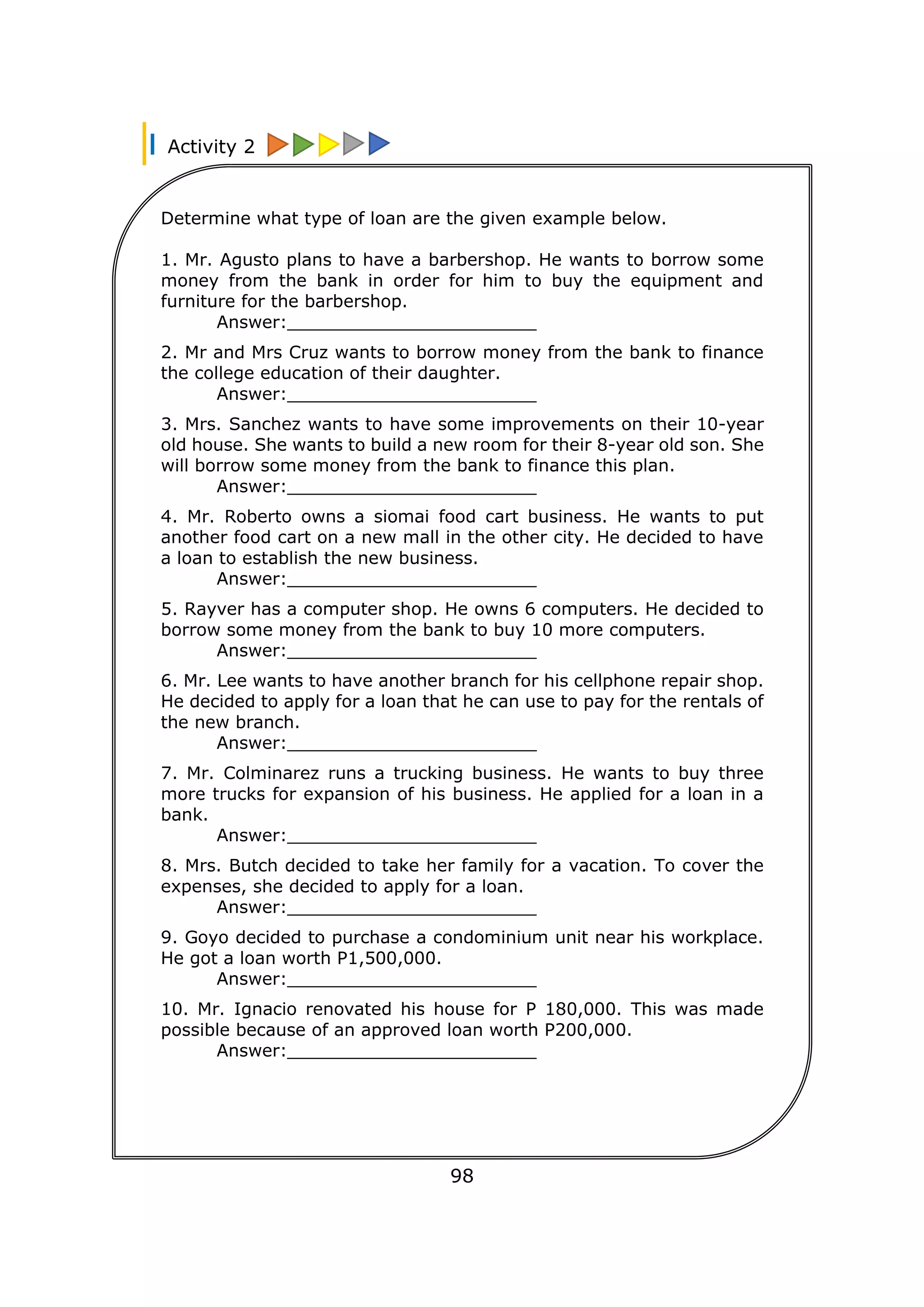Activity 2
98
Determine what type of loan are the given example below.
1. Mr. Agusto plans to have a barbershop. He wants to borrow some
money from the bank in order for him to buy the equipment and
furniture for the barbershop.
Answer:_______________________
2. Mr and Mrs Cruz wants to borrow money from the bank to finance
the college education of their daughter.
Answer:_______________________
3. Mrs. Sanchez wants to have some improvements on their 10-year
old house. She wants to build a new room for their 8-year old son. She
will borrow some money from the bank to finance this plan.
Answer:_______________________
4. Mr. Roberto owns a siomai food cart business. He wants to put
another food cart on a new mall in the other city. He decided to have
a loan to establish the new business.
Answer:_______________________
5. Rayver has a computer shop. He owns 6 computers. He decided to
borrow some money from the bank to buy 10 more computers.
Answer:_______________________
6. Mr. Lee wants to have another branch for his cellphone repair shop.
He decided to apply for a loan that he can use to pay for the rentals of
the new branch.
Answer:_______________________
7. Mr. Colminarez runs a trucking business. He wants to buy three
more trucks for expansion of his business. He applied for a loan in a
bank.
Answer:_______________________
8. Mrs. Butch decided to take her family for a vacation. To cover the
expenses, she decided to apply for a loan.
Answer:_______________________
9. Goyo decided to purchase a condominium unit near his workplace.
He got a loan worth P1,500,000.
Answer:_______________________
10. Mr. Ignacio renovated his house for P 180,000. This was made
possible because of an approved loan worth P200,000.
Answer:_______________________
 