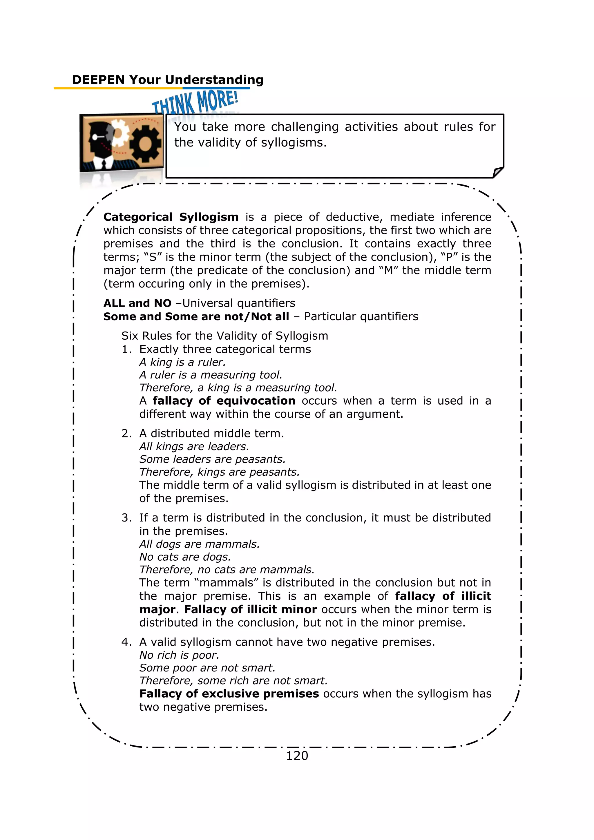 DEEPEN Your Understanding
120
You take more challenging activities about rules for
the validity of syllogisms.
Categorical Syllogism is a piece of deductive, mediate inference
which consists of three categorical propositions, the first two which are
premises and the third is the conclusion. It contains exactly three
terms; “S” is the minor term (the subject of the conclusion), “P” is the
major term (the predicate of the conclusion) and “M” the middle term
(term occuring only in the premises).
ALL and NO –Universal quantifiers
Some and Some are not/Not all – Particular quantifiers
Six Rules for the Validity of Syllogism
1. Exactly three categorical terms
A king is a ruler.
A ruler is a measuring tool.
Therefore, a king is a measuring tool.
A fallacy of equivocation occurs when a term is used in a
different way within the course of an argument.
2. A distributed middle term.
All kings are leaders.
Some leaders are peasants.
Therefore, kings are peasants.
The middle term of a valid syllogism is distributed in at least one
of the premises.
3. If a term is distributed in the conclusion, it must be distributed
in the premises.
All dogs are mammals.
No cats are dogs.
Therefore, no cats are mammals.
The term “mammals” is distributed in the conclusion but not in
the major premise. This is an example of fallacy of illicit
major. Fallacy of illicit minor occurs when the minor term is
distributed in the conclusion, but not in the minor premise.
4. A valid syllogism cannot have two negative premises.
No rich is poor.
Some poor are not smart.
Therefore, some rich are not smart.
Fallacy of exclusive premises occurs when the syllogism has
two negative premises.
 