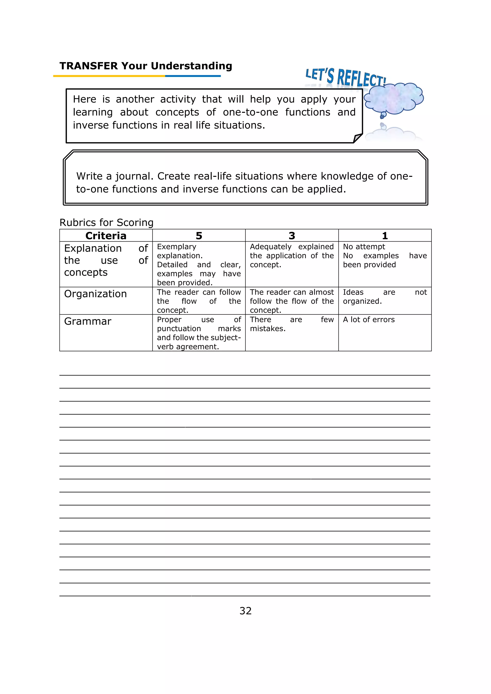 TRANSFER Your Understanding
Rubrics for Scoring
Criteria 5 3 1
Explanation of
the use of
concepts
Exemplary
explanation.
Detailed and clear,
examples may have
been provided.
Adequately explained
the application of the
concept.
No attempt
No examples have
been provided
Organization The reader can follow
the flow of the
concept.
The reader can almost
follow the flow of the
concept.
Ideas are not
organized.
Grammar Proper use of
punctuation marks
and follow the subject-
verb agreement.
There are few
mistakes.
A lot of errors
___________________________________________________________
___________________________________________________________
___________________________________________________________
___________________________________________________________
___________________________________________________________
___________________________________________________________
___________________________________________________________
___________________________________________________________
___________________________________________________________
___________________________________________________________
___________________________________________________________
___________________________________________________________
___________________________________________________________
___________________________________________________________
___________________________________________________________
___________________________________________________________
___________________________________________________________
___________________________________________________________
32
Here is another activity that will help you apply your
learning about concepts of one-to-one functions and
inverse functions in real life situations.
Write a journal. Create real-life situations where knowledge of one-
to-one functions and inverse functions can be applied.
 