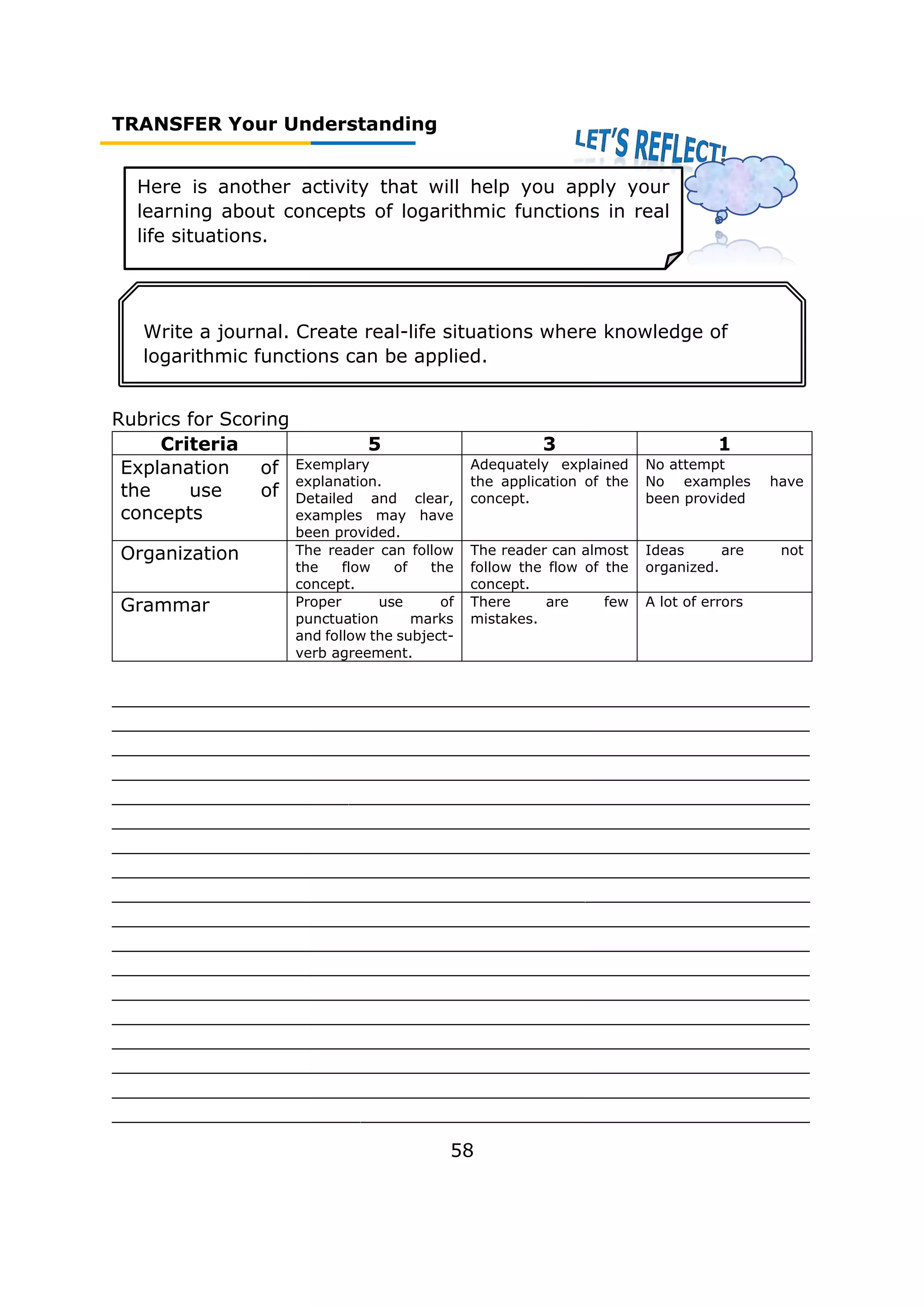 TRANSFER Your Understanding
Rubrics for Scoring
Criteria 5 3 1
Explanation of
the use of
concepts
Exemplary
explanation.
Detailed and clear,
examples may have
been provided.
Adequately explained
the application of the
concept.
No attempt
No examples have
been provided
Organization The reader can follow
the flow of the
concept.
The reader can almost
follow the flow of the
concept.
Ideas are not
organized.
Grammar Proper use of
punctuation marks
and follow the subject-
verb agreement.
There are few
mistakes.
A lot of errors
___________________________________________________________
___________________________________________________________
___________________________________________________________
___________________________________________________________
___________________________________________________________
___________________________________________________________
___________________________________________________________
___________________________________________________________
___________________________________________________________
___________________________________________________________
___________________________________________________________
___________________________________________________________
___________________________________________________________
___________________________________________________________
___________________________________________________________
___________________________________________________________
___________________________________________________________
___________________________________________________________
58
Here is another activity that will help you apply your
learning about concepts of logarithmic functions in real
life situations.
Write a journal. Create real-life situations where knowledge of
logarithmic functions can be applied.
 
