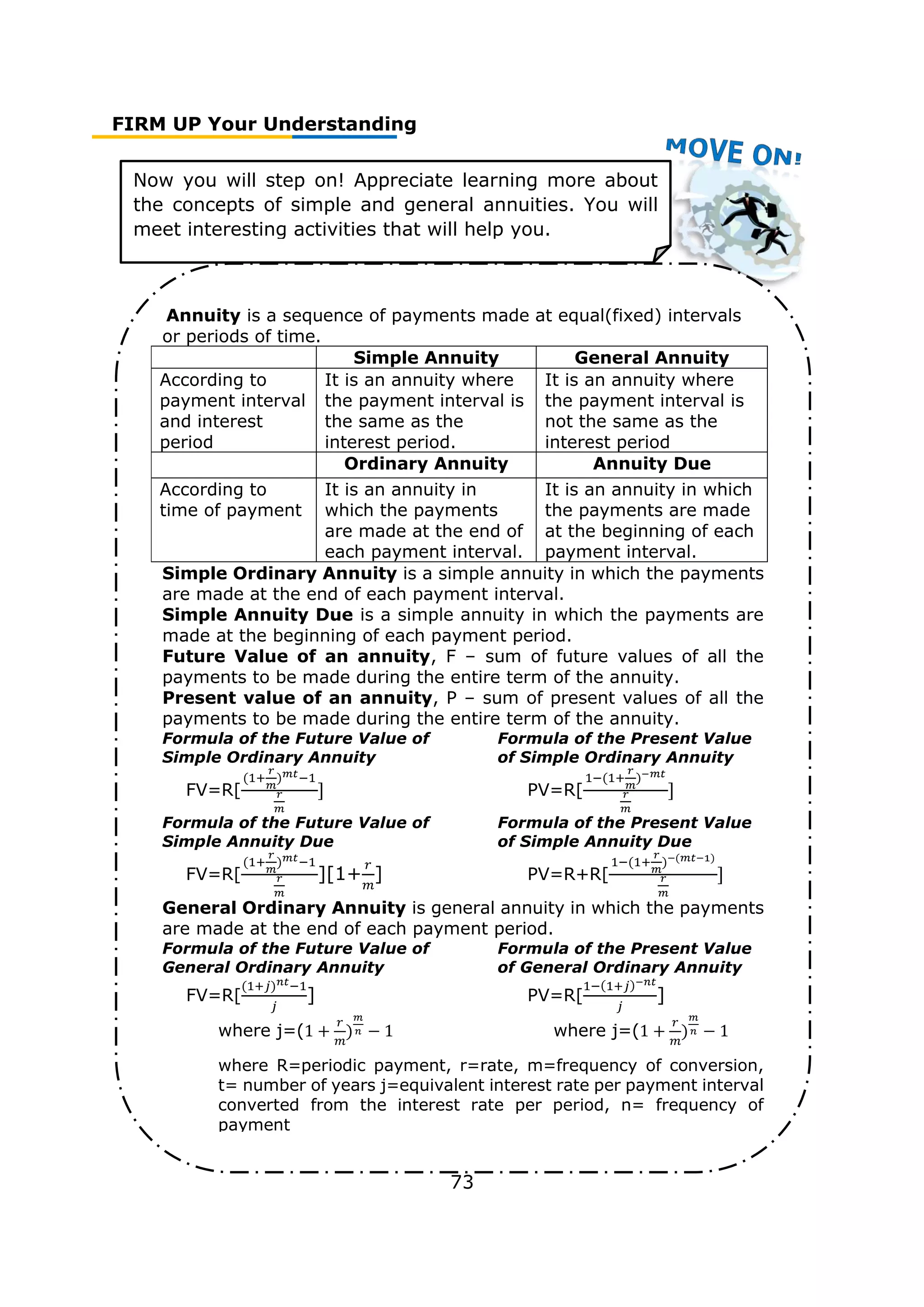 FIRM UP Your Understanding
73
Now you will step on! Appreciate learning more about
the concepts of simple and general annuities. You will
meet interesting activities that will help you.
Annuity is a sequence of payments made at equal(fixed) intervals
or periods of time.
Simple Annuity General Annuity
According to
payment interval
and interest
period
It is an annuity where
the payment interval is
the same as the
interest period.
It is an annuity where
the payment interval is
not the same as the
interest period
Ordinary Annuity Annuity Due
According to
time of payment
It is an annuity in
which the payments
are made at the end of
each payment interval.
It is an annuity in which
the payments are made
at the beginning of each
payment interval.
Simple Ordinary Annuity is a simple annuity in which the payments
are made at the end of each payment interval.
Simple Annuity Due is a simple annuity in which the payments are
made at the beginning of each payment period.
Future Value of an annuity, F – sum of future values of all the
payments to be made during the entire term of the annuity.
Present value of an annuity, P – sum of present values of all the
payments to be made during the entire term of the annuity.
Formula of the Future Value of Formula of the Present Value
Simple Ordinary Annuity of Simple Ordinary Annuity
FV=R[
(1+
𝑟
𝑚
)𝑚𝑡−1
𝑟
𝑚
] PV=R[
1−(1+
𝑟
𝑚
)−𝑚𝑡
𝑟
𝑚
]
Formula of the Future Value of Formula of the Present Value
Simple Annuity Due of Simple Annuity Due
FV=R[
(1+
𝑟
𝑚
)𝑚𝑡−1
𝑟
𝑚
][1+
𝑟
𝑚
] PV=R+R[
1−(1+
𝑟
𝑚
)−(𝑚𝑡−1)
𝑟
𝑚
]
General Ordinary Annuity is general annuity in which the payments
are made at the end of each payment period.
Formula of the Future Value of Formula of the Present Value
General Ordinary Annuity of General Ordinary Annuity
FV=R[
(1+𝑗)𝑛𝑡−1
𝑗
] PV=R[
1−(1+𝑗)−𝑛𝑡
𝑗
]
where j=(1 +
𝑟
𝑚
)
𝑚
𝑛 − 1 where j=(1 +
𝑟
𝑚
)
𝑚
𝑛 − 1
where R=periodic payment, r=rate, m=frequency of conversion,
t= number of years j=equivalent interest rate per payment interval
converted from the interest rate per period, n= frequency of
payment
 