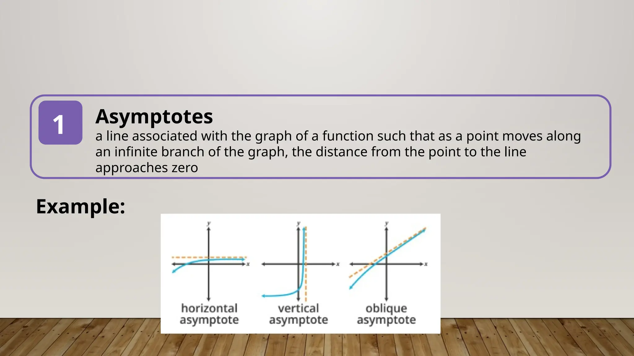 Asymptotes
a line associated with the graph of a function such that as a point moves along
an infinite branch of the graph, the distance from the point to the line
approaches zero
1
Example:
 