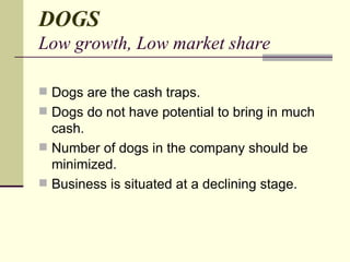DOGS Low growth, Low market share ,[object Object],[object Object],[object Object],[object Object]