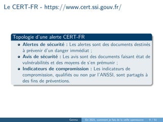 Le CERT-FR - https://www.cert.ssi.gouv.fr/
Topologie d’une alerte CERT-FR
Alertes de sécurité : Les alertes sont des docum...