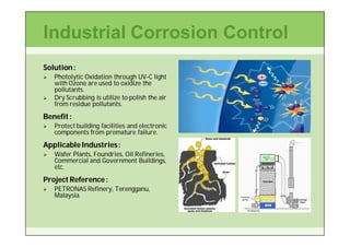 Industrial Corrosion Control
Solution :
   Photolytic Oxidation through UV-C light
                                   UV-
    with Ozone are used to oxidize the
    pollutants.
   Dry Scrubbing is utilize to polish the air
    from residue pollutants.
Benefit :
   Protect building facilities and electronic
    components from premature failure.
Applicable Industries :
   Wafer Plants, Foundries, Oil Refineries,
    Commercial and Government Buildings,
    etc.
Project Reference :
   PETRONAS Refinery, Terengganu,
    Malaysia.
 