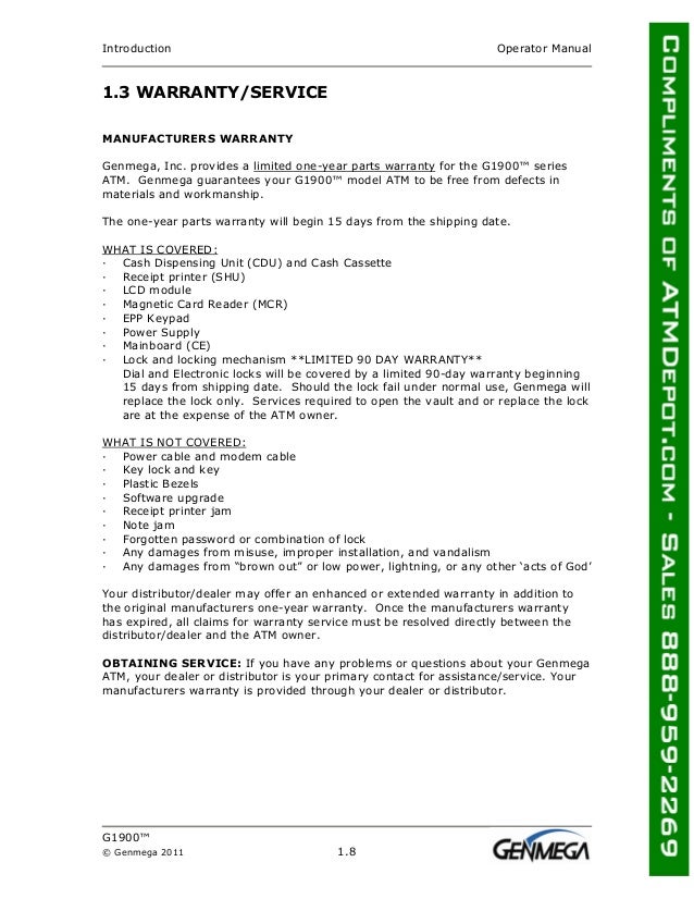 Genmega g1900-atm-owners-manual
