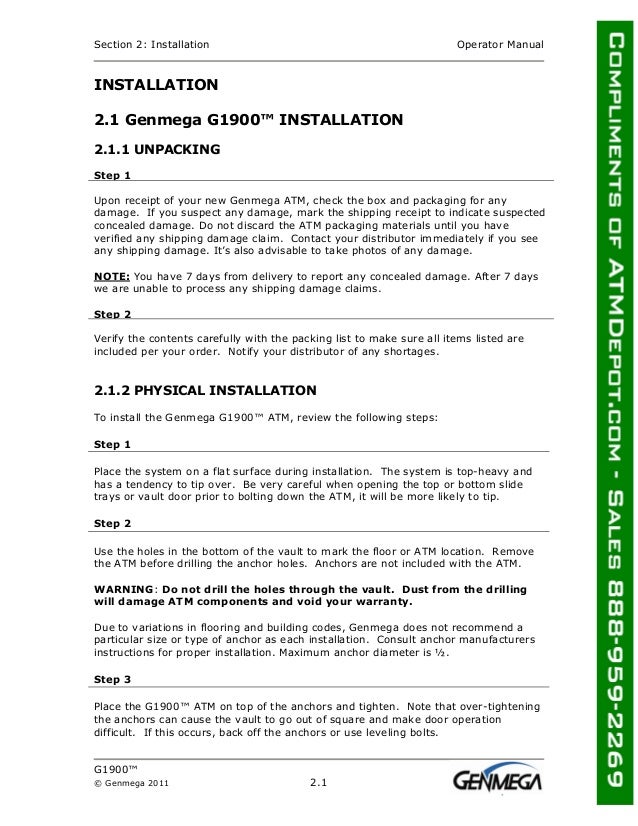 Genmega g1900-atm-owners-manual
