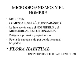 MICROORGANISMOS Y EL
          HOMBRE
• SIMBIOSIS
• COMENSAL/ SAPRÓFITOS/ PARÁSITOS
• La Interacción entre el HOSPEDERO y el
  MICROORGANISMO es DINÁMICA.
• Patógenos primarios y oportunistas
• Puerta de entrada: sitio por donde penetra al
  hospedero.

• FLORA HABITUAL
                 FUNDACION BARCELO FACULTAD DE ME
 