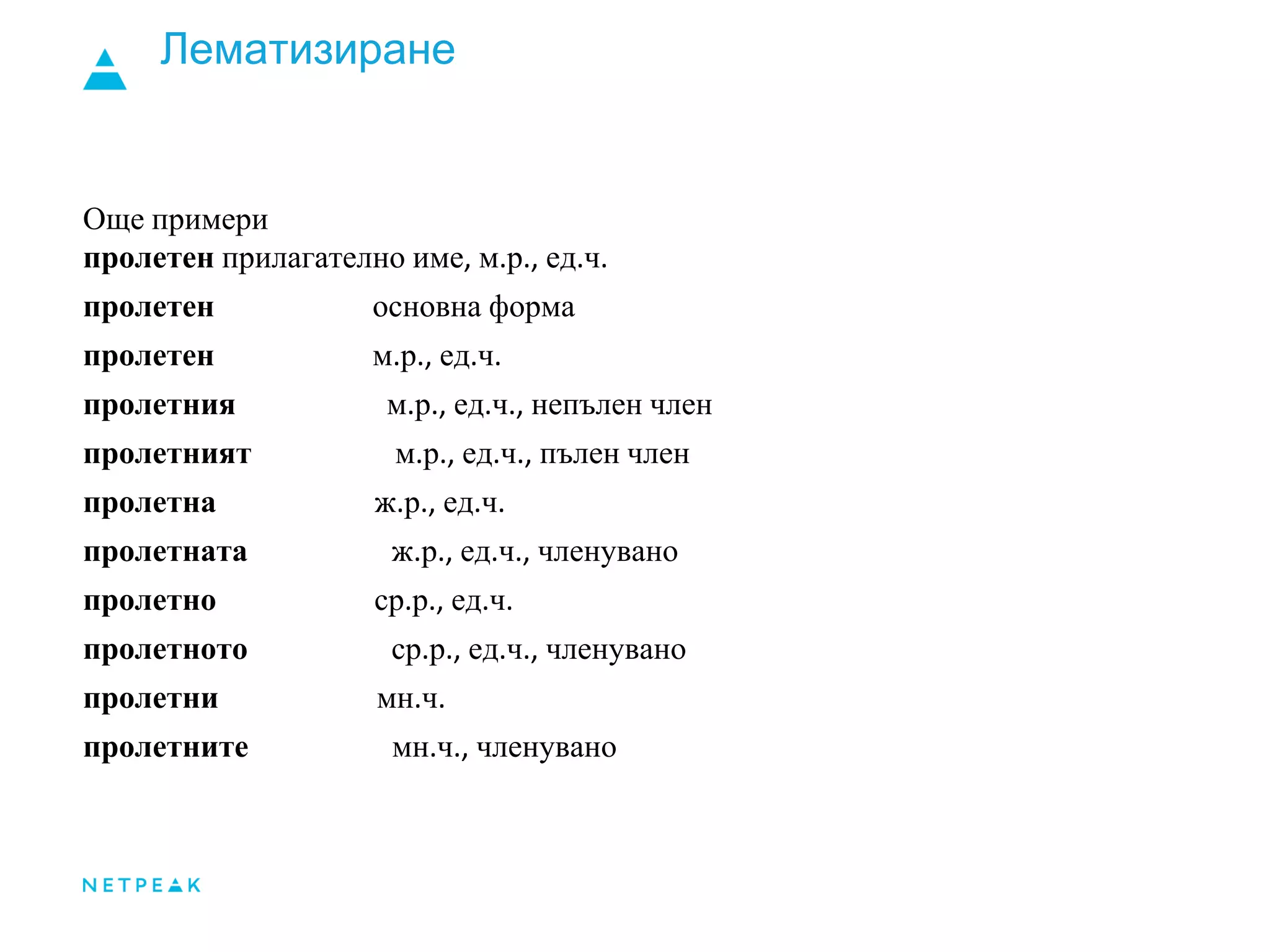 Лематизиране
Още примери
пролетен прилагателно име, м.р., ед.ч.
пролетен основна форма
пролетен м.р., ед.ч.
пролетния м.р., ед.ч., непълен член
пролетният м.р., ед.ч., пълен член
пролетна ж.р., ед.ч.
пролетната ж.р., ед.ч., членувано
пролетно ср.р., ед.ч.
пролетното ср.р., ед.ч., членувано
пролетни мн.ч.
пролетните мн.ч., членувано
 